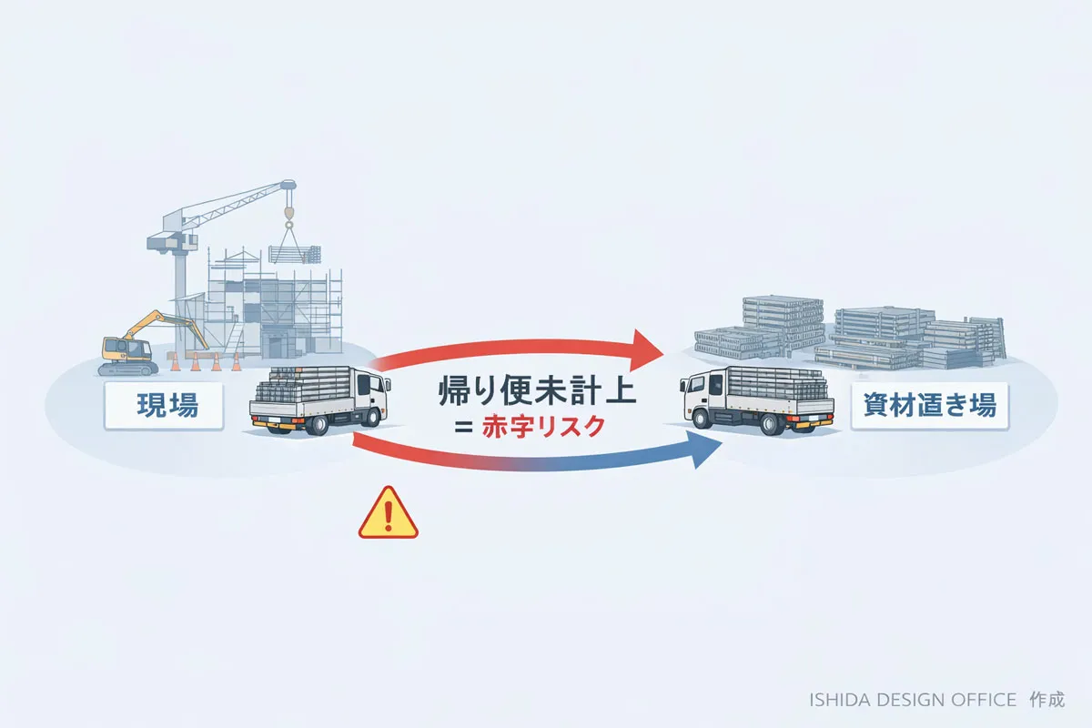 足場回送費の帰り便未計上による赤字リスクを示す図解|現場と資材置き場の往復イメージ