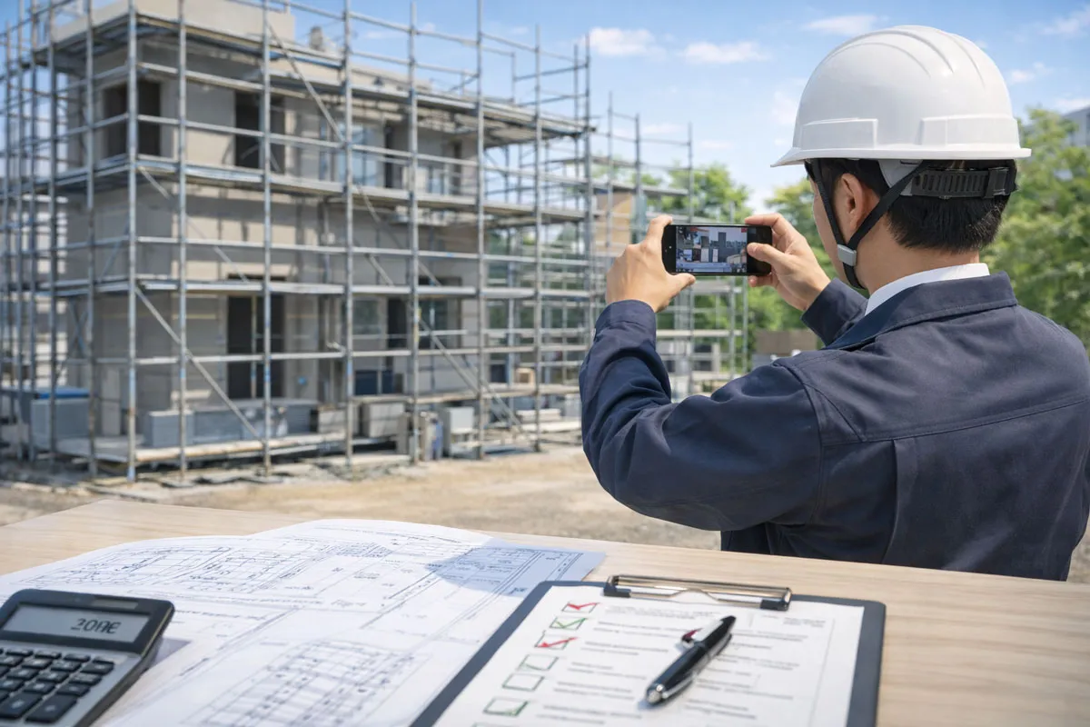 クサビ式足場をスマートフォンで撮影する日本人現場監督|足場見積の記録と是正防止イメージ