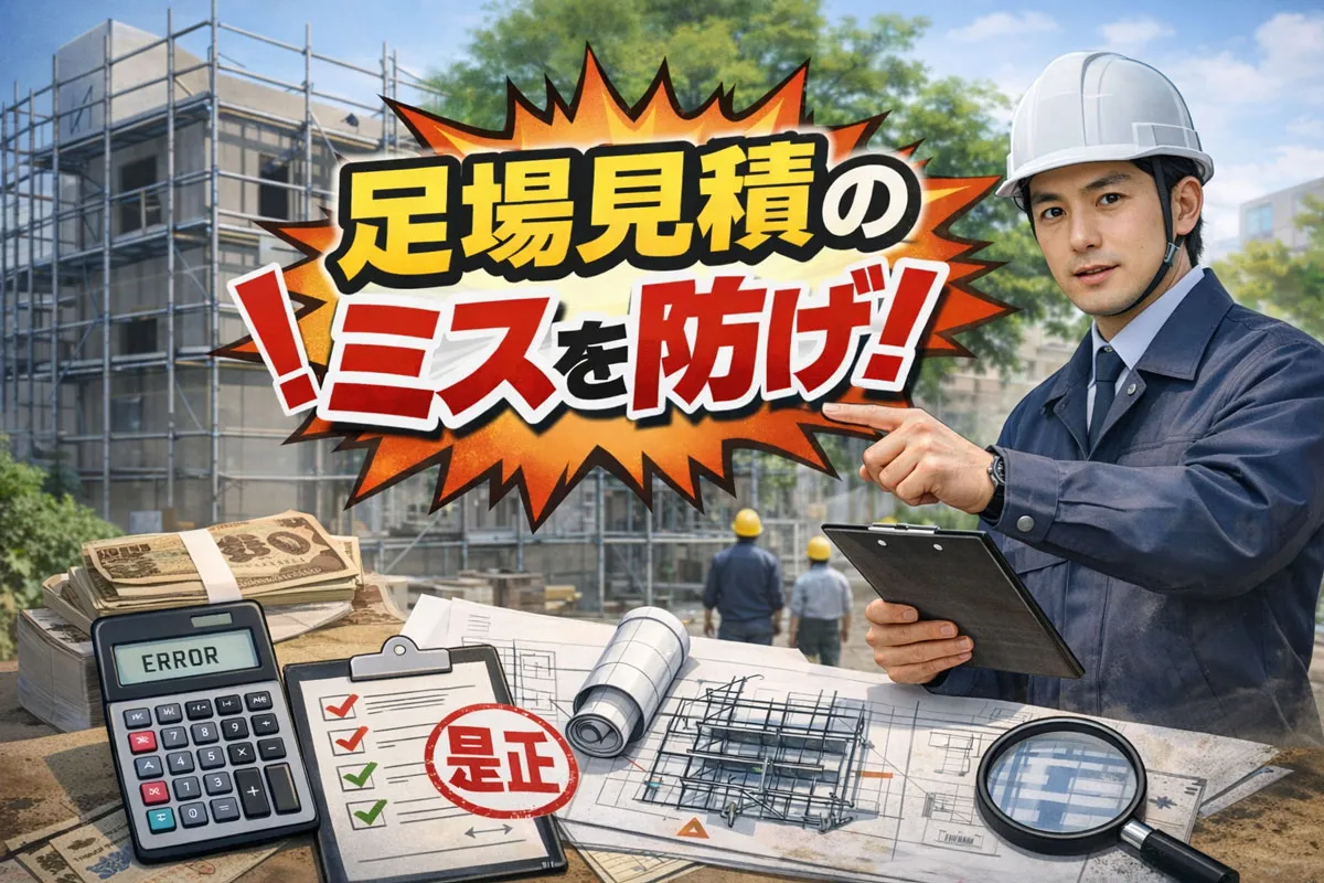 足場見積の是正を防ぐために現場で根拠確認を行う日本人現場監督と整然とした仮設足場現場の様子