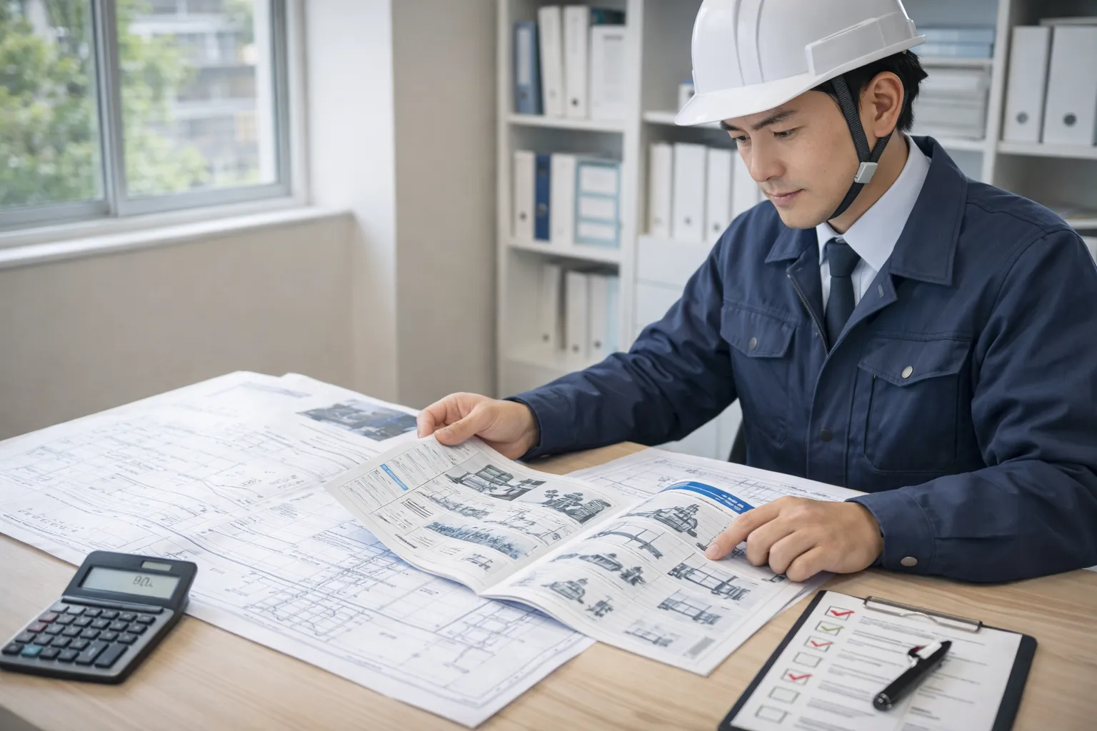 足場見積の前提確認を行う日本人現場監督|図面と足場カタログで根拠を精査する様子